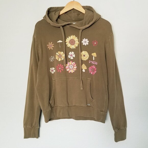 O'Niell Offshore Cotton Fleece Graphic Hoodie M Olive Green Mushroom Flower Boho - Picture 5 of 16